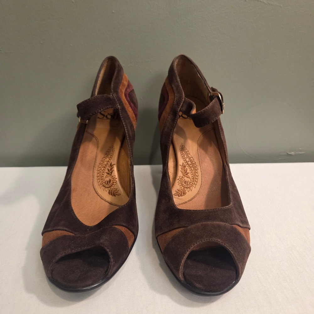 Sofft Women's Leather & Suede Open Toe Heels Size 8 Brown & Burgundy - Picture 5 of 8
